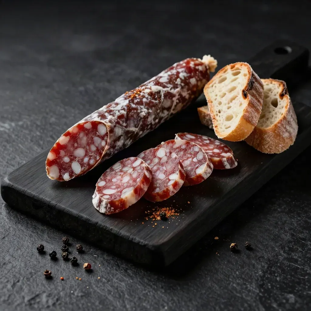 Saucissons tranchés, poivre et pain sur une planche sombre, en lumière dramatique.