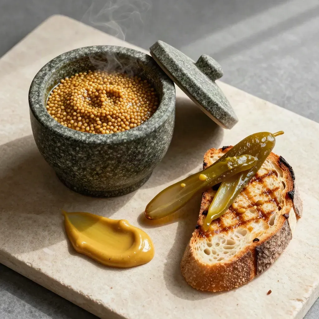 Pot de moutarde à l’ancienne avec cornichons, pain et viande rôtie sur pierre claire.
