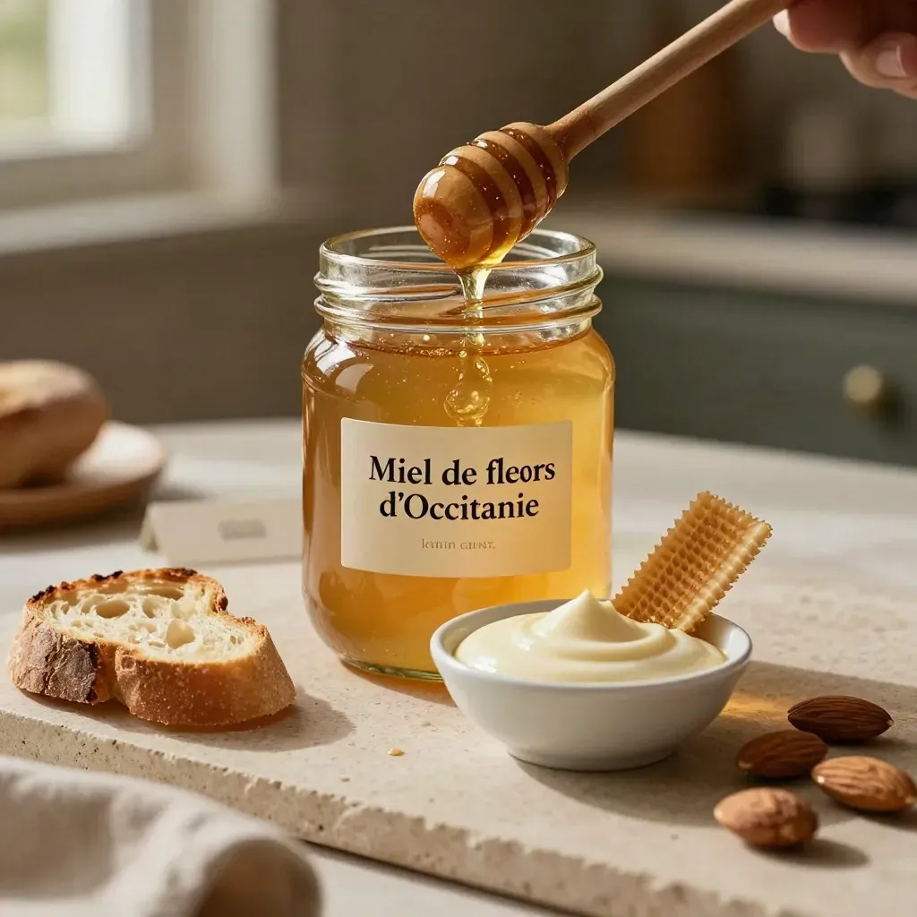 Pot de miel de fleurs d’Occitanie avec cuillère en bois, rayon de miel, pain grillé et amandes.